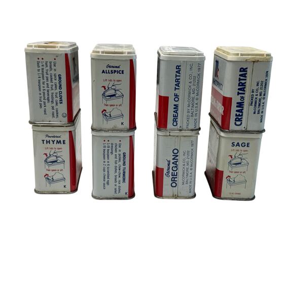 Vintage 1970s McCormick Spice Tins 8 Oregano Turmeric Cloves Allspice Thyme Sage - Picture 6 of 11